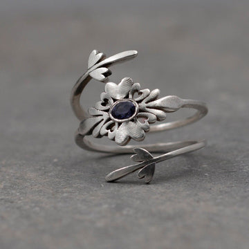 Silver Wrap Ring for Women, Hearts Wrapping Ring, Boho Rings, Silver Open Ring, Multi Heart Ring, Lolite Gemstone Ring.,Mother's Day Gift